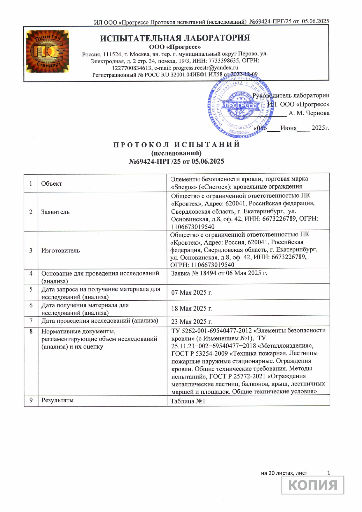 Протокол испытаний 2025 Кровельные ограждения